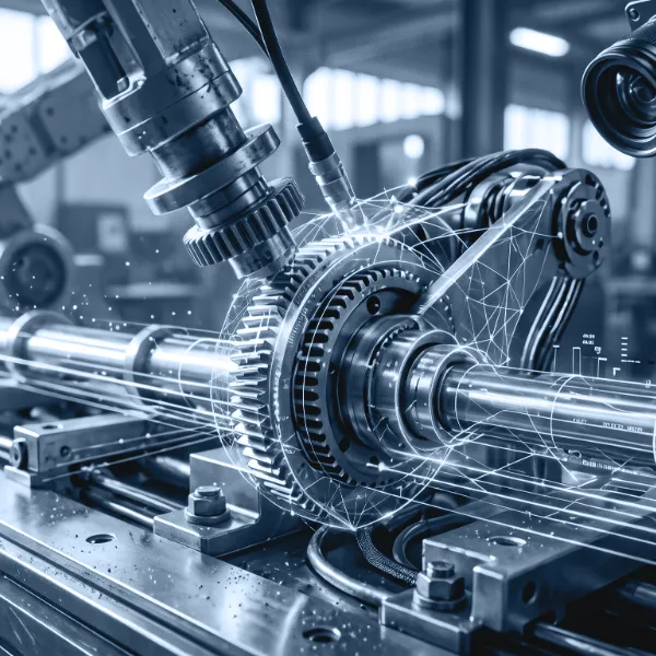 Ingranaggi e alberi di una linea di produzione con sovrapposte le linee di un modello digitale di intelligenza artificiale