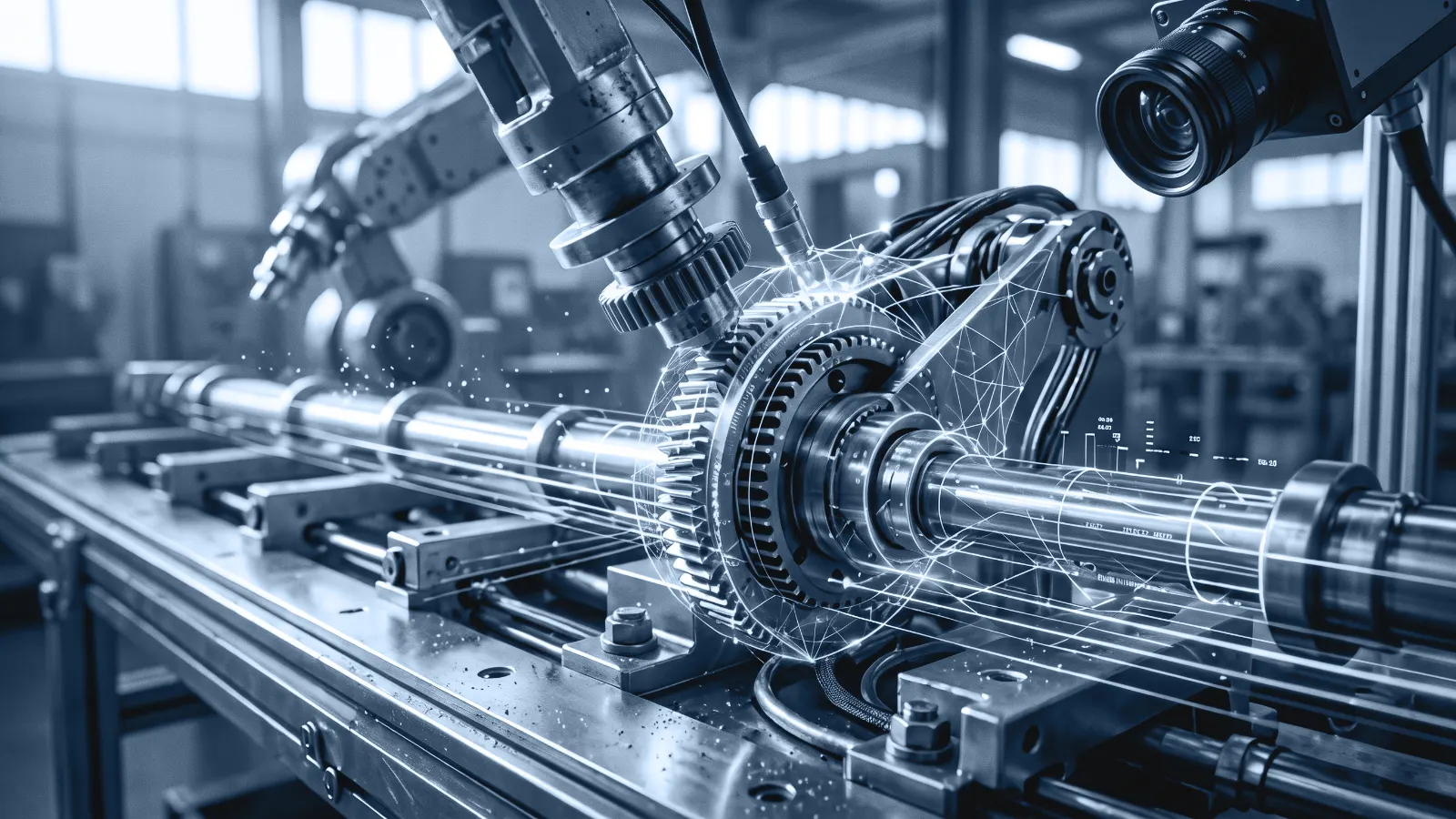 Ingranaggi e alberi di una linea di produzione con sovrapposte le linee di un modello digitale di intelligenza artificiale