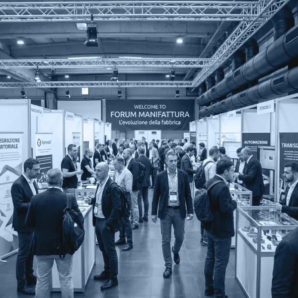Visitatori tra gli stand del Forum Manifattura 2025, sotto lo striscione di benvenuto dell'evento