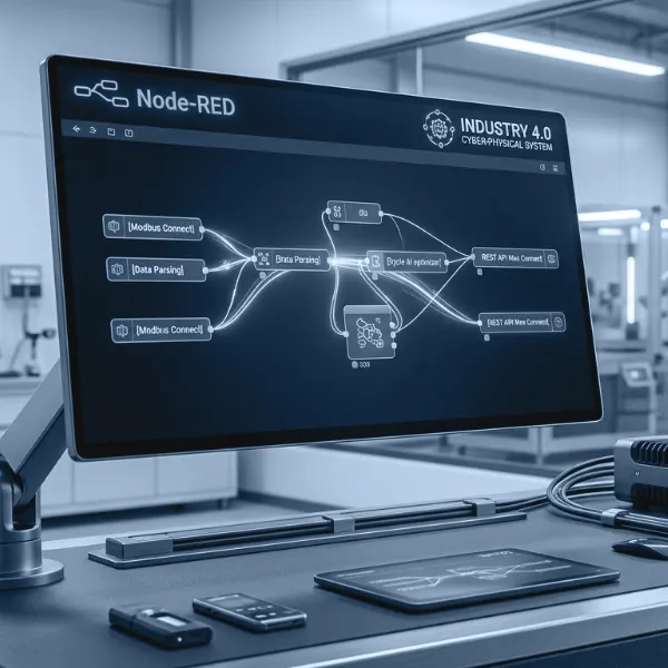 Monitor con un flusso Node-RED che collega le macchine al MES tramite un gateway industriale, in un reparto produttivo automatizzato