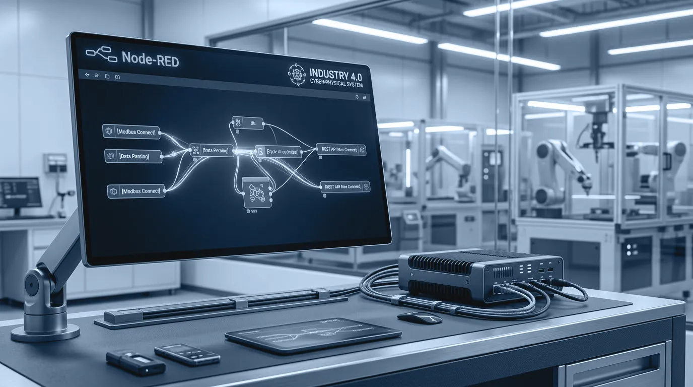 Monitor con un flusso Node-RED che collega le macchine al MES tramite un gateway industriale, in un reparto produttivo automatizzato