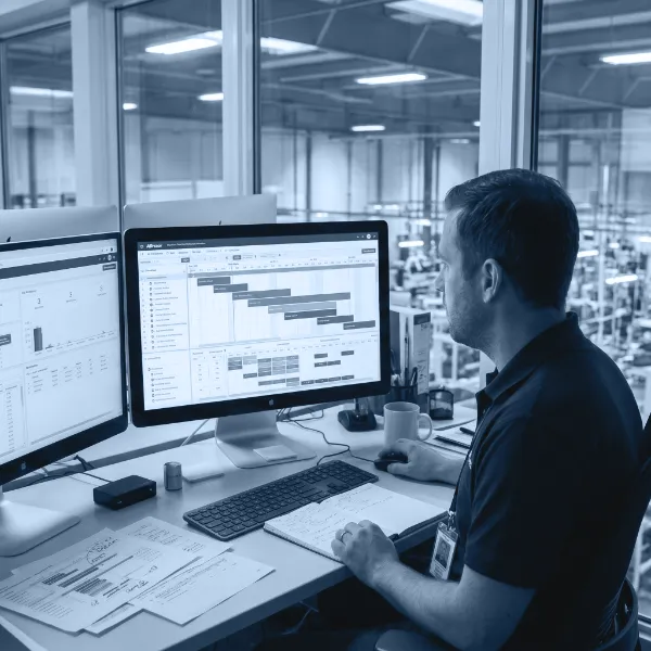 Pianificatore che consulta su due monitor il piano di produzione di K-Plan, con il reparto produttivo visibile oltre la vetrata