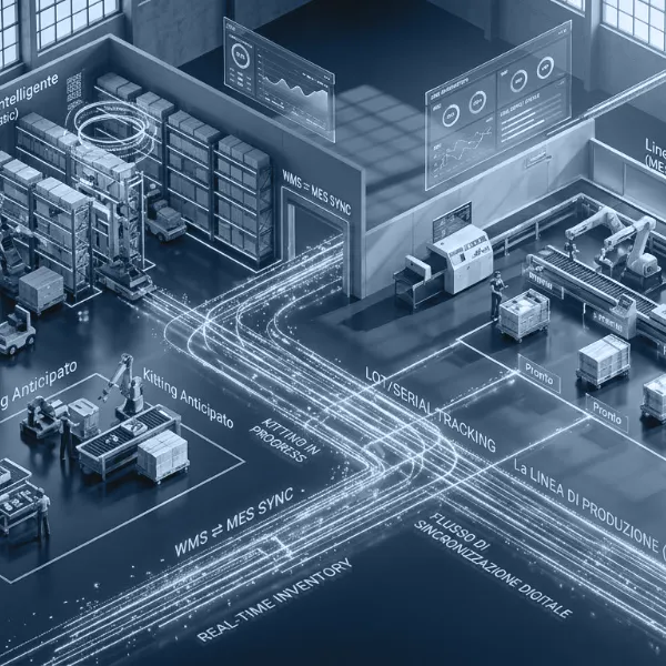Vista dall'alto di una fabbrica in cui i flussi di dati collegano il magazzino gestito da Woogistic alla linea di produzione controllata da CheckOn