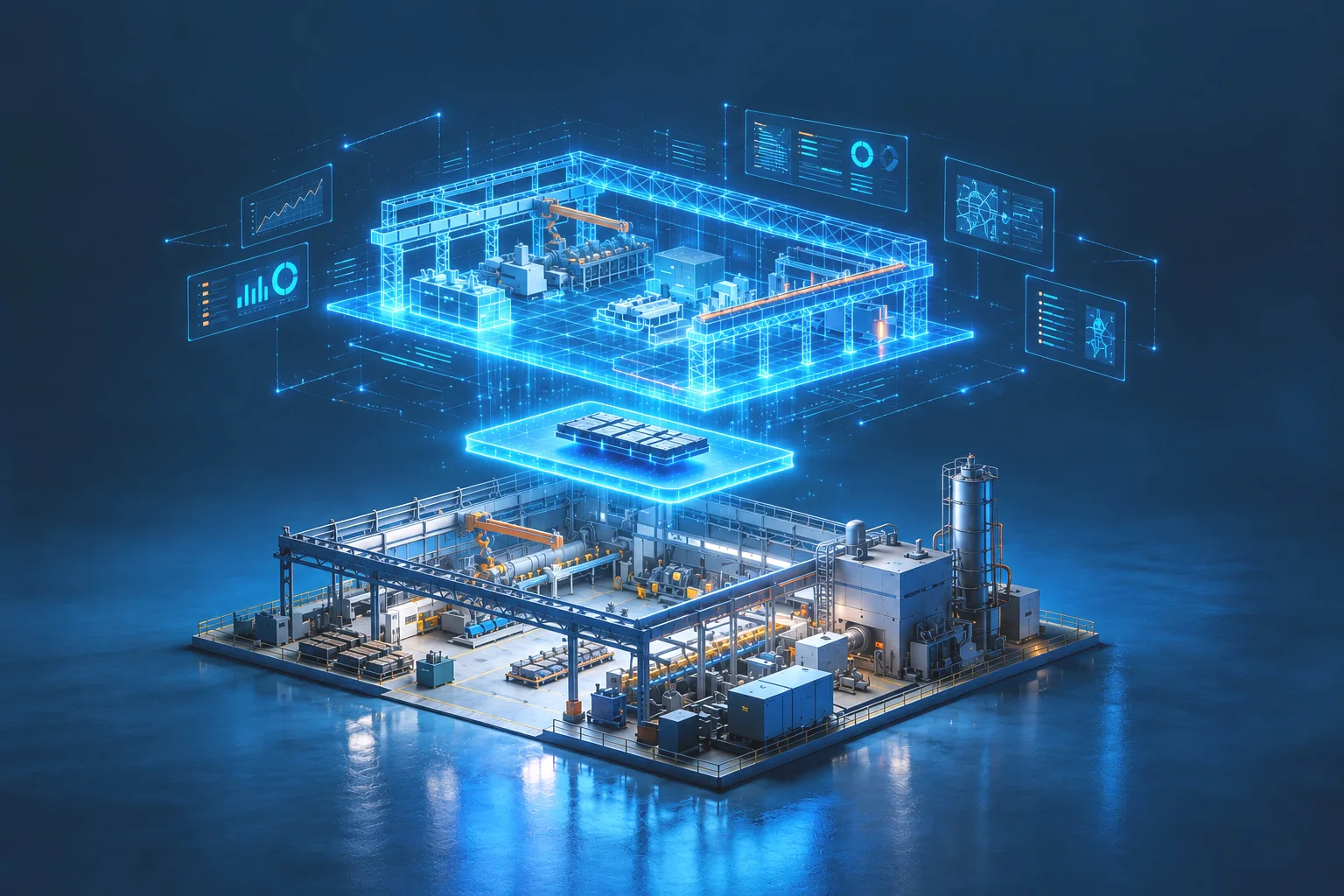 Fabbrica e il suo gemello digitale collegati da un livello di intelligenza artificiale che elabora i dati di produzione